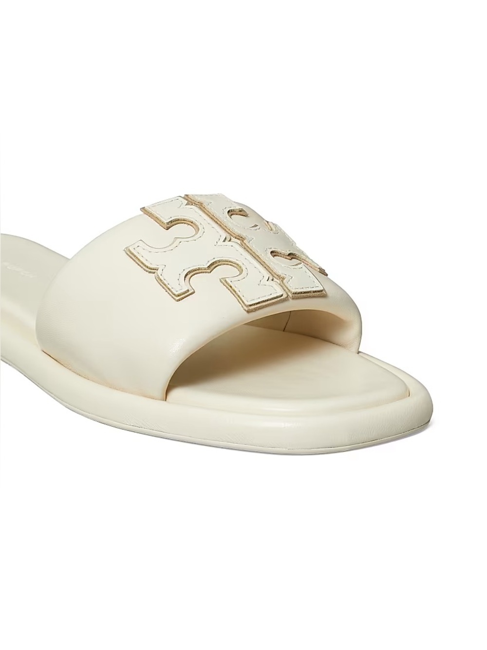 Tory Burch Double-T Monogram Padded Leather Slide Sandals in Light Cream SB9